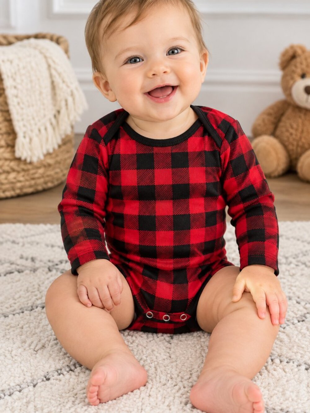 Gerber Baby Red Black Buffalo Plaid Long Sleeve Bodysuit Onesie 6-9M